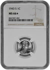 1943 S 1c Lincoln Steel Wheat Cent NGC Graded MS 66 Star in New Holder