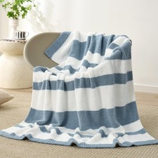 Blue Striped Throw Blanket, 50x60 Soft Reversible Fuzzy Knit Throw for Couch,...