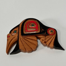Hand-Carved Wooden Hummingbird Coast Salish Style Pin Black and Red