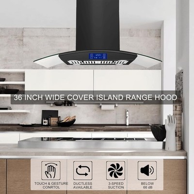 36'' Island Mount Range Hood 700CFM Black Stainless Steel Touch Control 4 LEDs