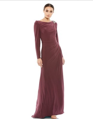 New Mac Duggal 55695 Boat Long Sleeve Jersey Trumpet Gown   Mauve - Size 6