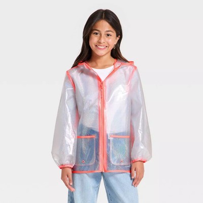 Girls' Puff Sleeve Clear Glitter Rain Jacket - Cat & Jack Pink