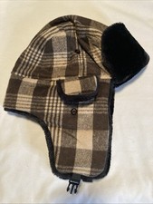 Brown Plaid Trapper Hat Ear Flaps Faux Fur Trim Adult Size Winter Cap OSFM