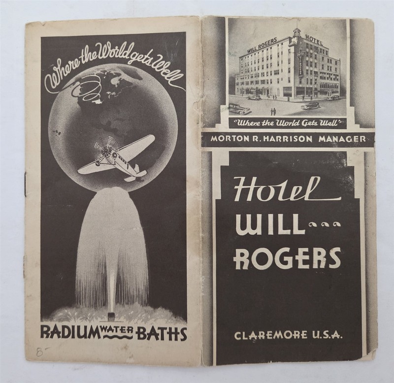 1930s vintage HOTEL WILL ROGERS claremore ok RADIUM WATER BATHS BROCHURE ad