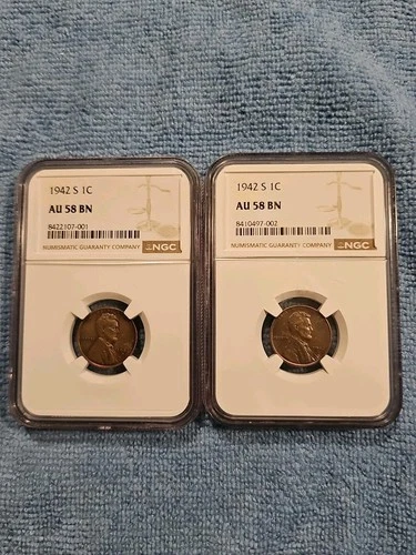 Pair 1942-S Lincoln Wheat Penny. NGC Unlisted RPM Variety Errors. AU 58 Grade.