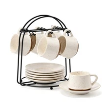 Stackable Cappuccino Cups Set of 6 4oz Ceramic Espresso Coffee Mug with Saucers