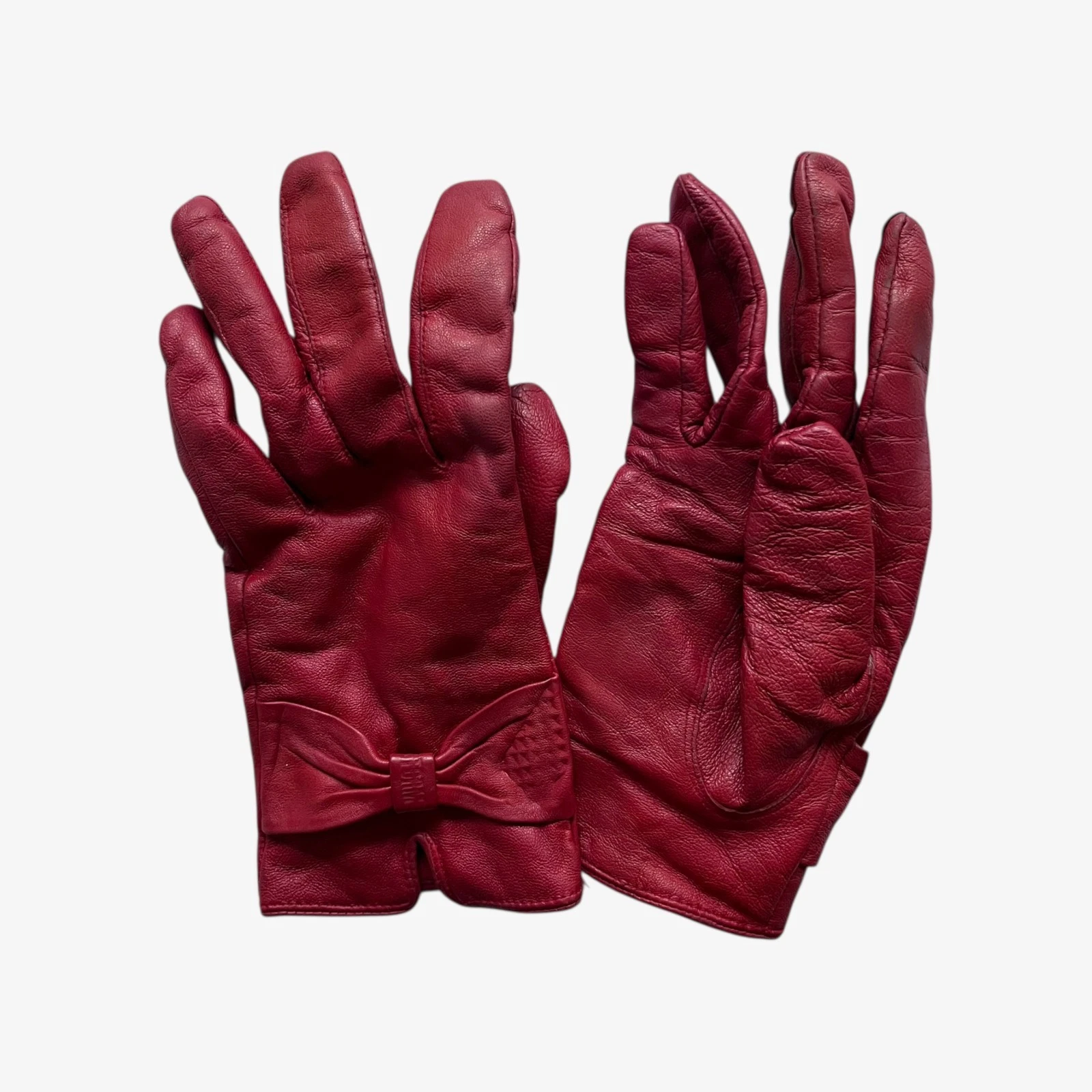Vintage 90s Women's Storm Red Leather Bow Gloves With Wool Lining, Retro Suede