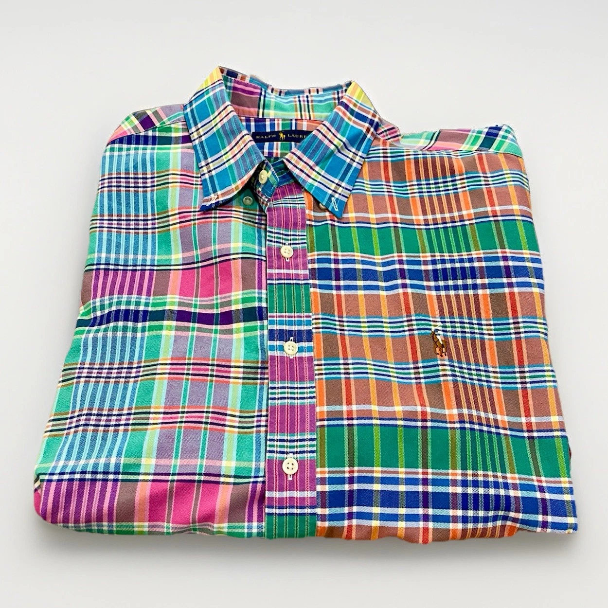 Polo Ralph Lauren Flannel Plaid Logo Colors Patchwork Long Sleeve Mens XL Preppy