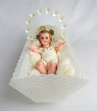 Vietata Riprod Italy Nativity Baby Jesus in Lighted Acrylic Cradle w/ Music Box