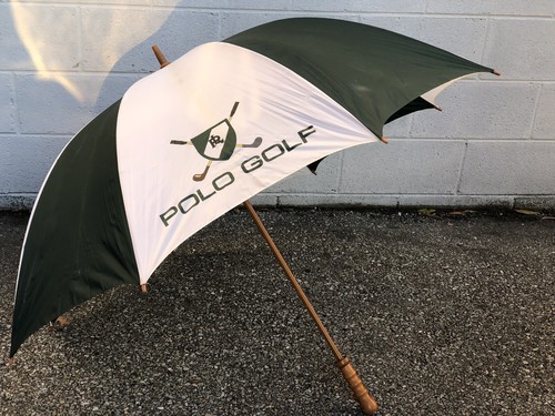 Vintage Polo Ralph Lauren Golf Umbrella Green White Stripe Wood Handle Golf Logo