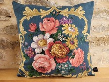 Sanderson Traditional Rose Floral Linen Teal Green Gold & Velvet Cushion Cover