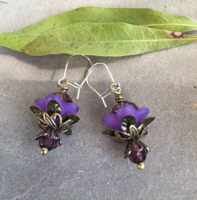 Artisan made fairy earrings-purple glass bead-sterling silver-OOAK-floral
