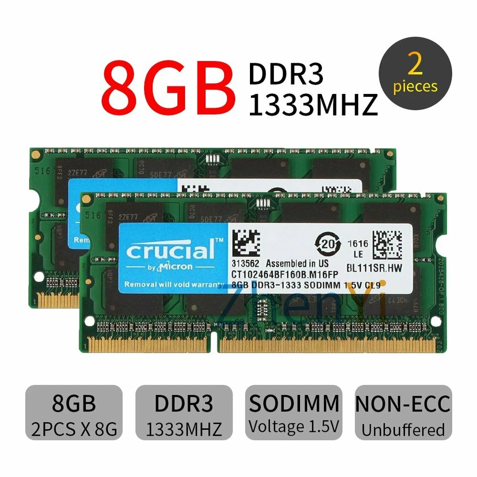 Crucial 32GB 16GB 8GB DDR3 1333MHz PC3-10600S 2Rx8 SODIMM Laptop Memory RAM Lot - Image 3 of 4