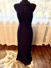 Nightway Navy Glitter-Knit Teardrop Gown Size 8