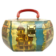 Vintage Decoupage Wood Box Purse Lucite Handle Lined Victorian Houses Turquoise