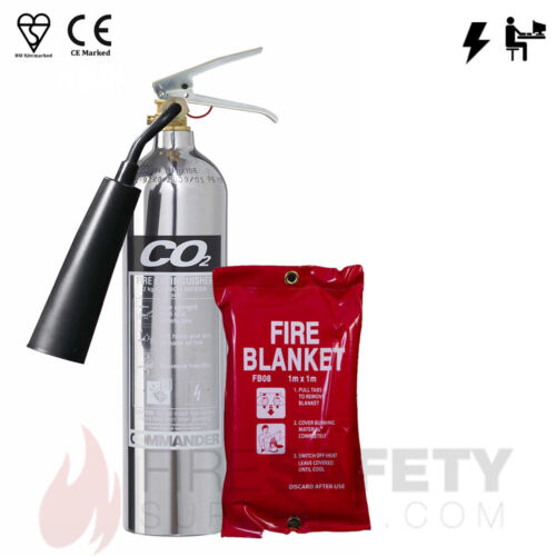 NEW 2 KG CO2 CHROME FIRE EXTINGUISHER + 1M x 1M FIRE BLANKET  - Picture 1 of 3
