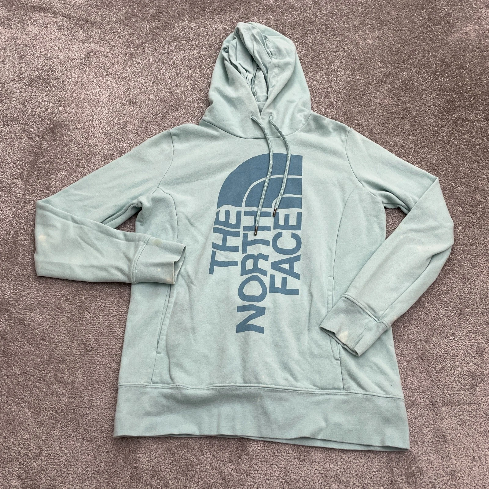 The North Face Hoodie Sweatshirt Womens Medium Blue Graphic Fleece Pullover