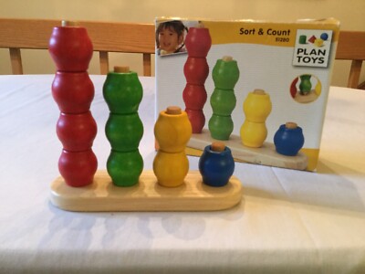 PLAN TOYS BRIGHTLY COLORED TODDLER  ALL WOOD SORT AND COUNT, ORIGINAL BOX, 51280