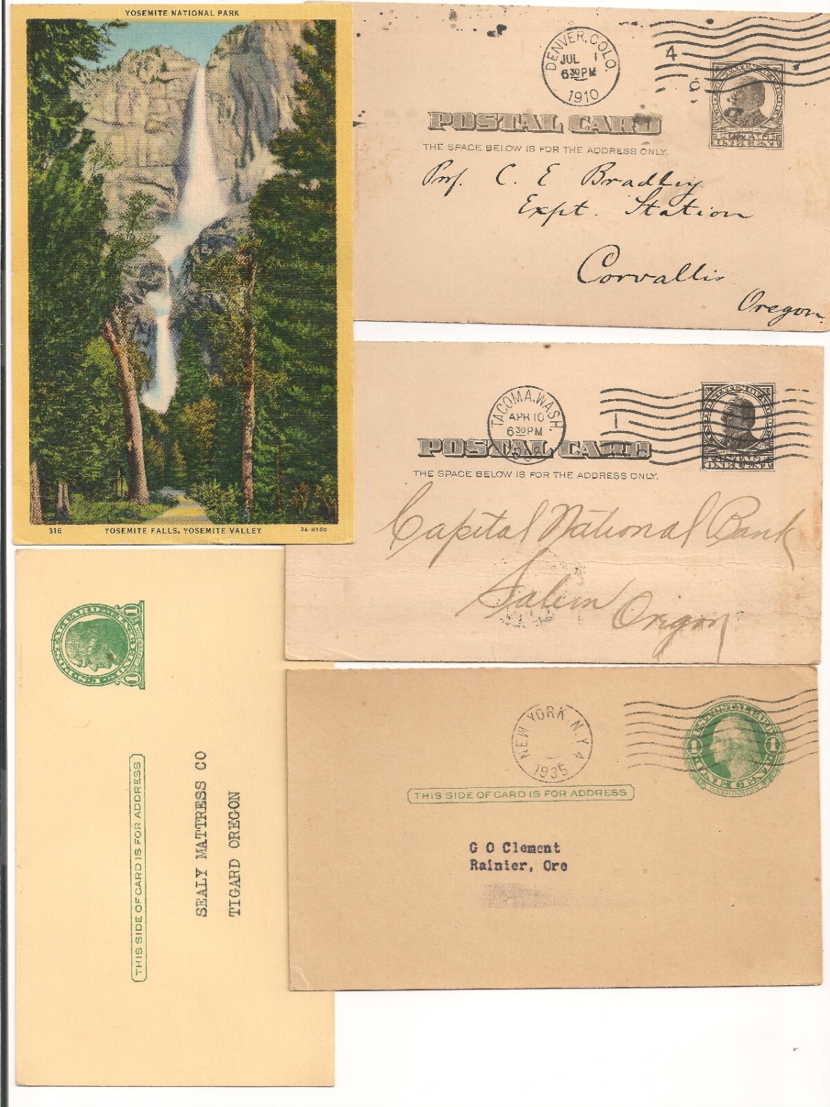 Lot 5 Postcards Oregonrelated Yosemite Falls Rainier Clement Tigard