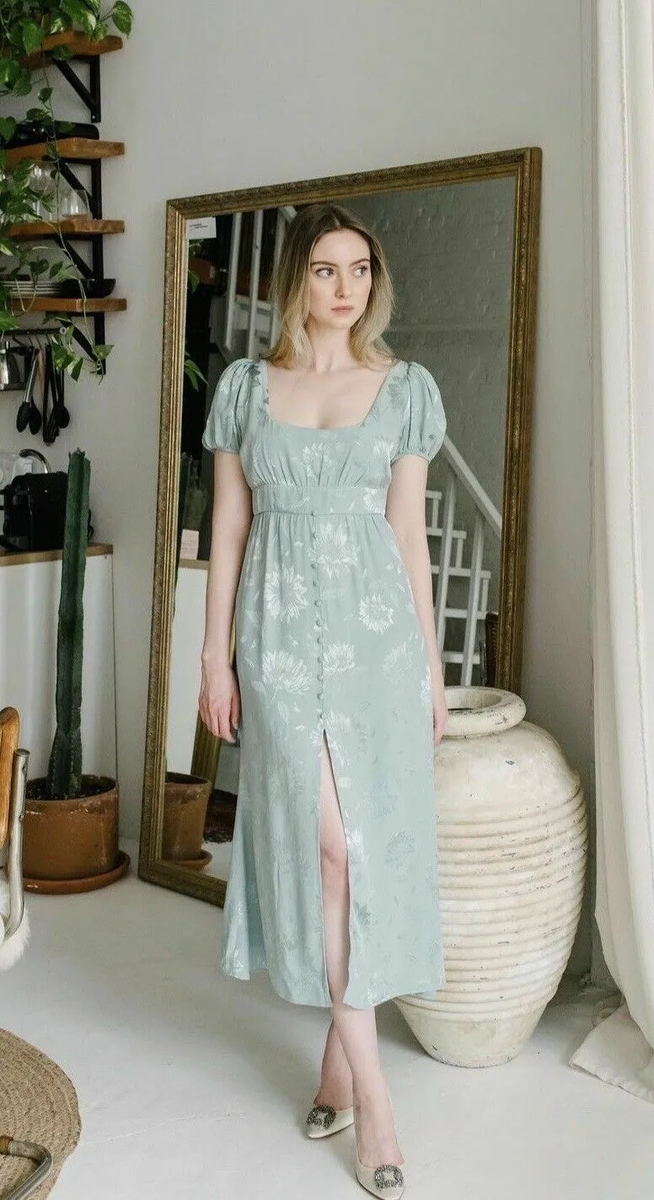 ZARA FLORAL JACQUARD SATIN DRESS MINT GREEN ROMANTIC WEDDING