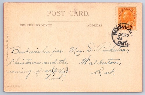 Felicitaciones de Navidad, rima, acebo, escena rural de invierno, postal antigua de 1922 - Imagen 2 de 2