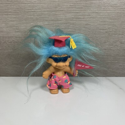 Vintage Russ 3 Inch Troll Doll Free At Last Graduation Flag Blue Hair 