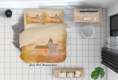 3D Cartoon Castle River Trees Yellow Quilt Cover Set Bedding Sets Pillowcases 64