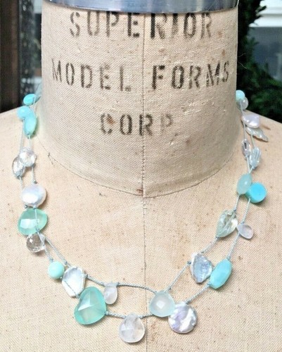 Aquamarine Chalcedony Moonstone Pearl Necklace ESTATE - Picture 4 of 7