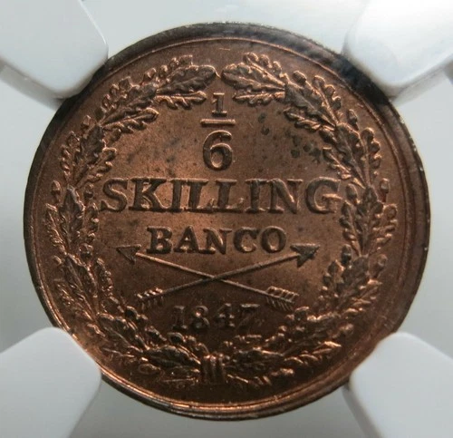 SWEDEN Norway 1/6 skilling 1847 NGC MS 64 RB Mint Red UNC King Oscar Bronze