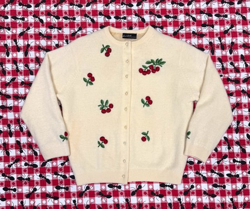 Vtg 1950s Cherry Fruit Print Cream Cashmere Anne-Scott Pinup Cardigan Sweater