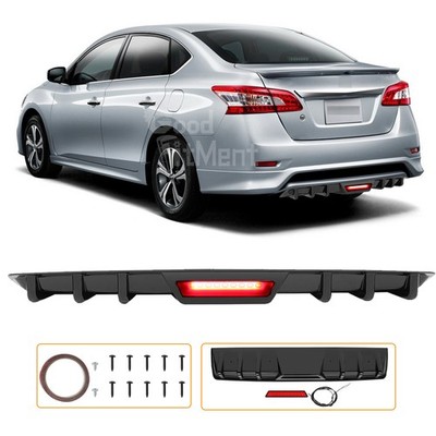 For Nissan Sentra Glossy Rear Bumper Diffuser Spoiler Lip Fins + LED Break Light