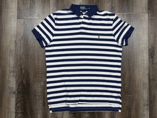 Vintage Polo Ralph Lauren Pique Polo Shirt Navy White Stripe Large Custom Fit
