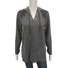 LOGO by Lori Goldstein Womens Hoodie Small Sz Faded Black French Terry Pockets