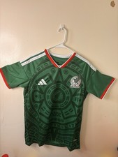 FIFA Adidas Green Mexico Soccer Jersey with red & white stripes, Aztec-style.