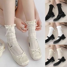 Women Lace Ruffle Knee High Socks with Bow Girl Cute Casual Scrunch Dress Socks