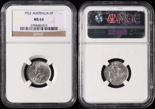 AUSTRALIA 1922 KGV 6d - Slabbed NGC MS64. Ren cat Choice UNC $6000.