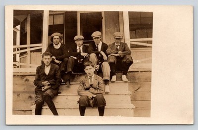 1911 RPPC 6 Young Men Group Portrait Vintage Postcard AZO Baseball Caps Suits