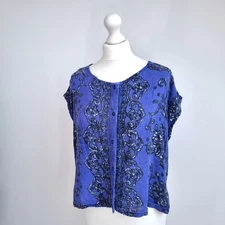 Vintage Monsoon Top Indian Block Print Blue Button Down Floral Boho Hippie 12 14