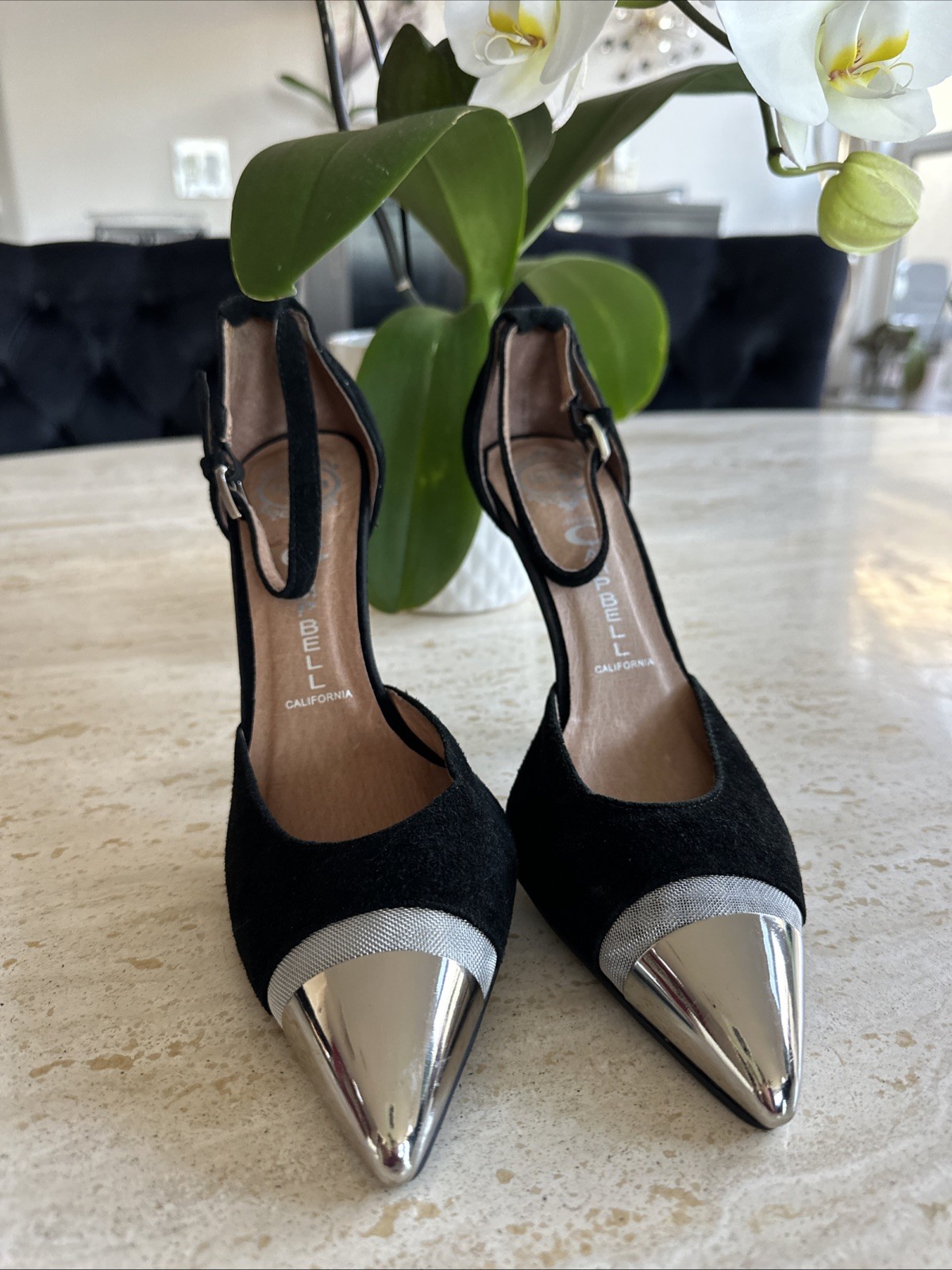 Jeffrey Campbell Koons Pumps  Silver Toe Cap Ankle Strap Black Heels Size 7.5 EC