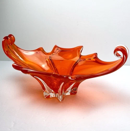 Vintage MURANO Glass Bowl Centerpiece Cristallo Venezia JiCo Sommerso Red Orange