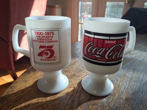 2 Drink Coca-Cola White Milk Glass 5.5”  Pedestal Mugs 75th Anniv. 1900-1975