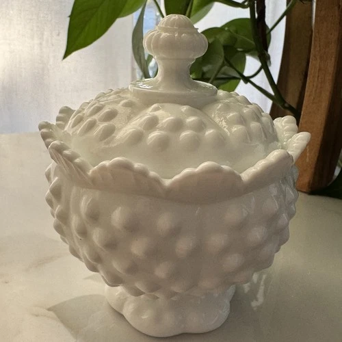 Vintage Fenton Milk Glass Lidded Hobnail Sugar Bowl