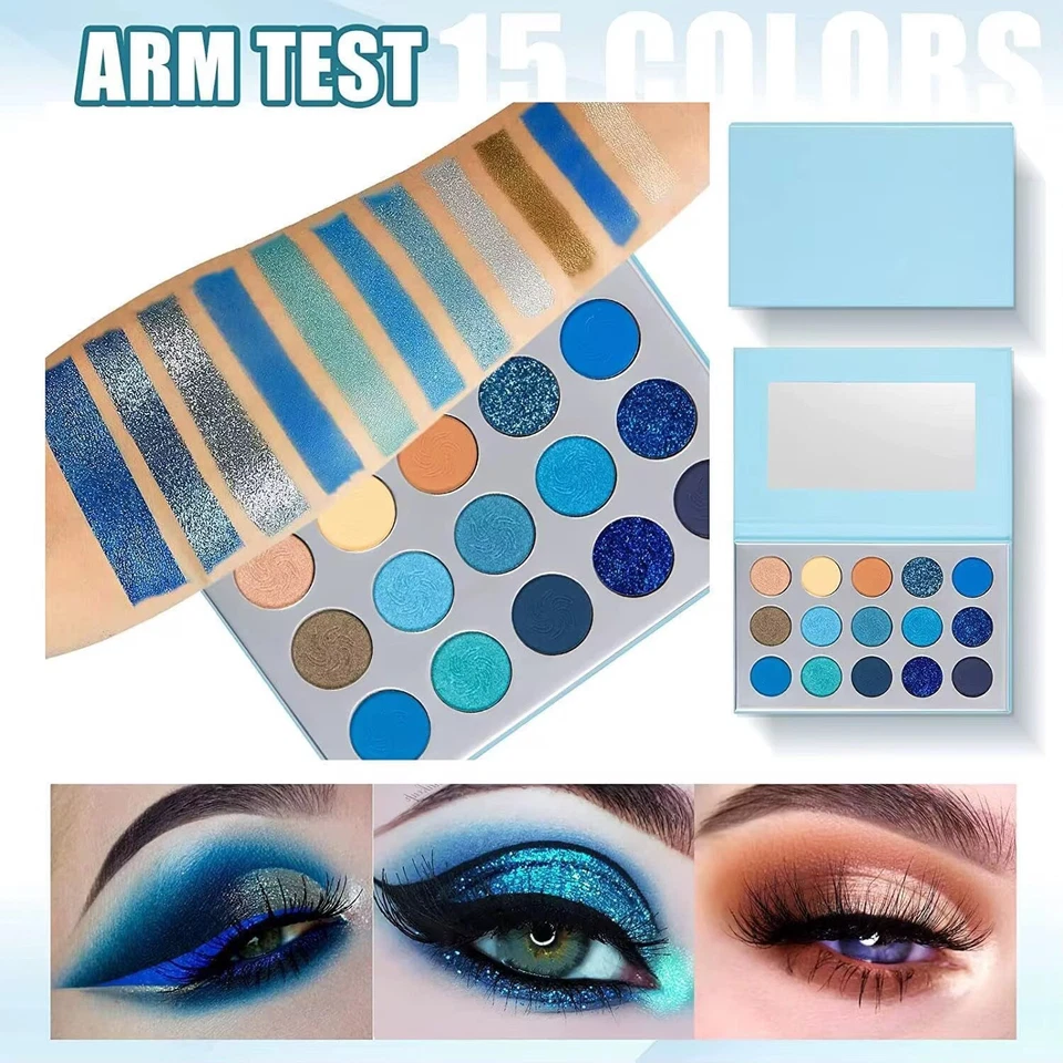 Paleta de sombras de ojos azules, paleta de sombras de ojos de 15 colores de alta pigmentación. Foto 3 de 4