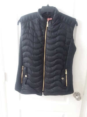 Quilted Puffer Vest  Sweater Fabric Side Panels Black/Goldtone Hardware Size M