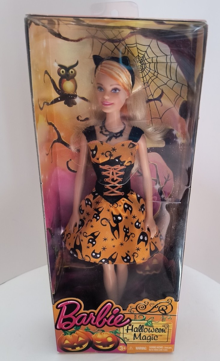 Mattel Barbie Doll 2014 Halloween Magic Orange/Black Cat Dress