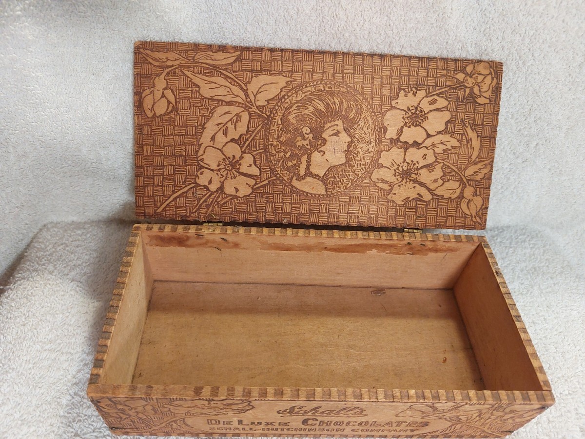 Antique 1910's Schall's Chocolates Ornate Wood / Candy Box Vtg