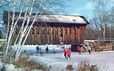 Ice Skating Covered Bridge Currier And Ives Winter New England Postcard