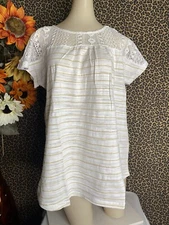 🦋DOE & RAE🦋Mustard Striped Embellished Embroidered Top NWT | LARGE |