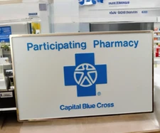 Vintage Pharmacy Drug Store Capital Blue Cross Advertising Stand-Up Counter Sign