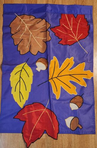 Autumn Fall Leaves Acorns Garden House Flag Large 42" x 28" Red Brown Purple - Afbeelding 1 van 4